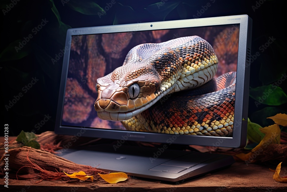 Snake crawls out of the monitor as a symbol of the Python programming ...