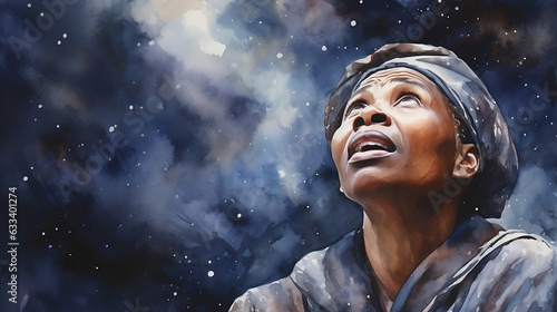 Harriet Tubman seeing a vision looking up at the stars. You should see her hand reaching for the sky at night. On a white background in watercolor.