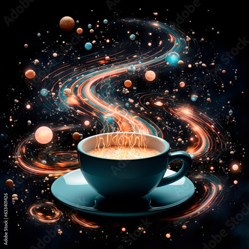 cup of coffee with smoke in the galaxy planets stars space illustration lover 