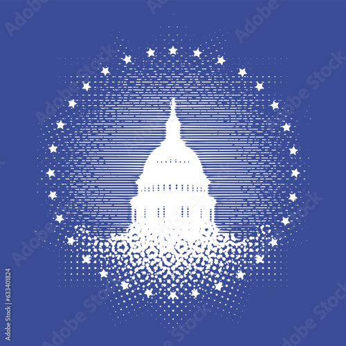 Vector banner or card with image of the US Capitol building in Washington, DC. The Western facade of the Capitol. Retro-style illustration of American landmark