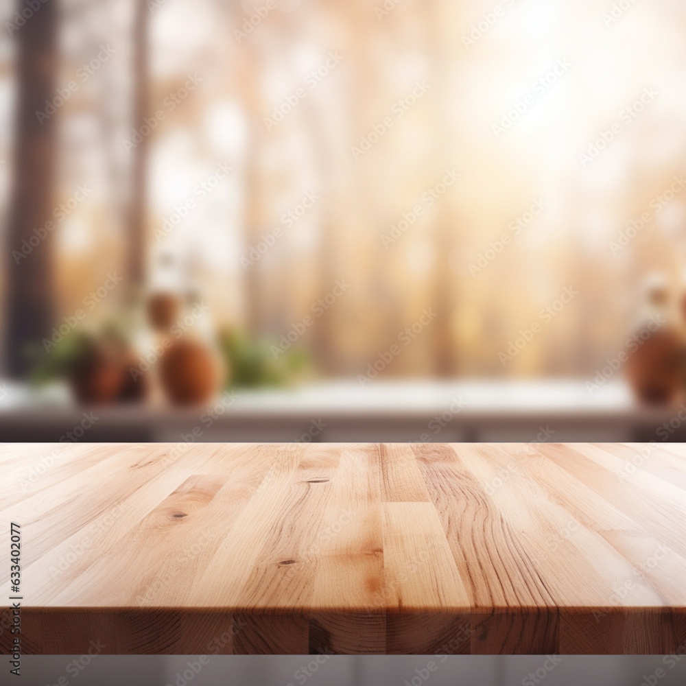 Empty beautiful wood table top counter and blur bokeh modern kitchen interior background in clean and bright,Banner, Ready for product montage Empty beautiful wood table top counter and blur bokeh modern kitchen interior background in clean and bright,Banner, Ready for product montage