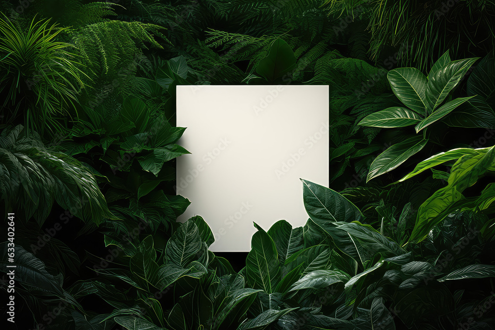 White blank empty paper note surrounded by exotic green leaves and greenery. Creative card template. 