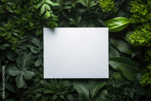 White blank empty paper note surrounded by exotic green leaves and greenery. Creative card template. 