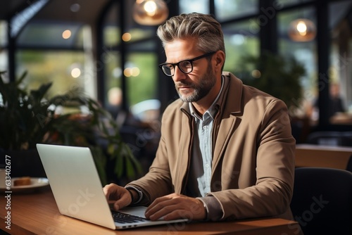 Smiling Man Working with Laptop and Headphones. AI