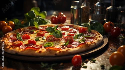 delicious italian pizza with tomatoes, basil and cheese