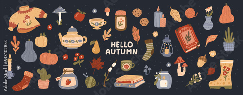 Warmth of Autumn: Complete Vector Set of Cozy Design Elements. Fall Twigs, Foliage, Pumpkins, Sweater, and More. Colorful Flat Illustration Isolated
