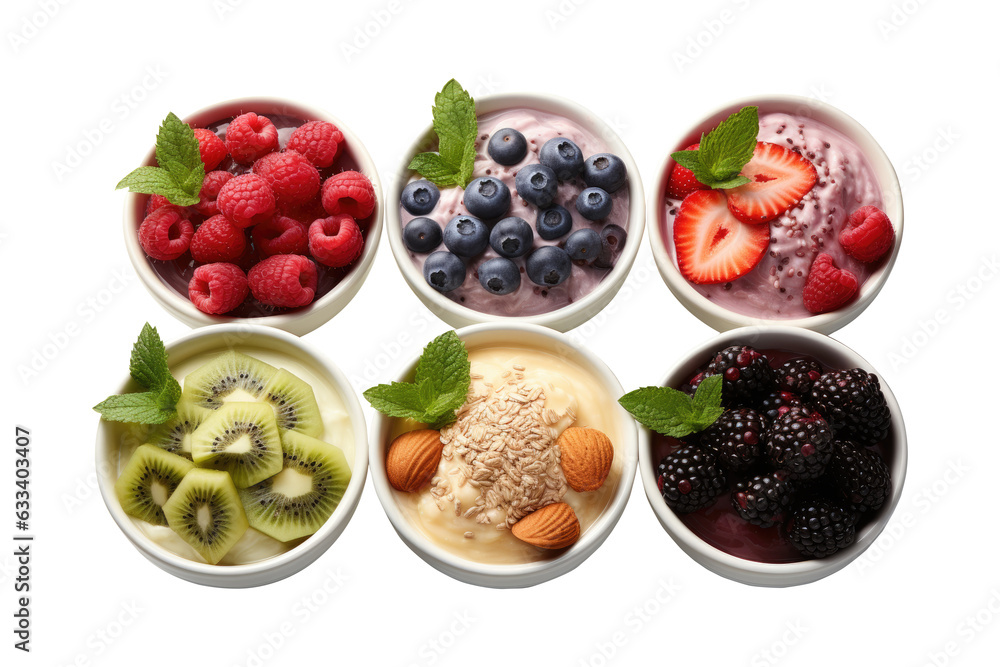 Smoothie bowl with fresh fruits,berries,almond,oat and granola for healthy food concept on transparent background. Generative Ai Smoothie bowl with fresh fruits,berries,almond,oat and granola for healthy food concept on transparent background. Generative Ai