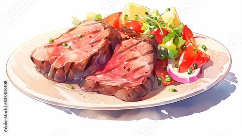 Hand-painted cartoon beautiful gourmet steak watercolor illustration 