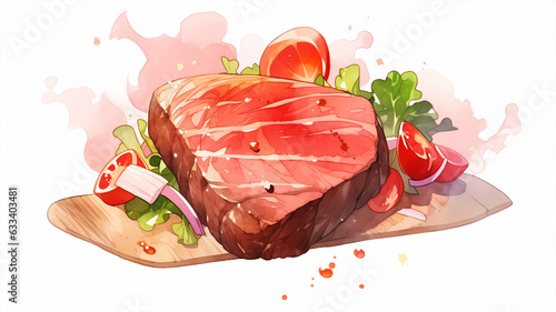 Hand-painted cartoon beautiful gourmet steak watercolor illustration 