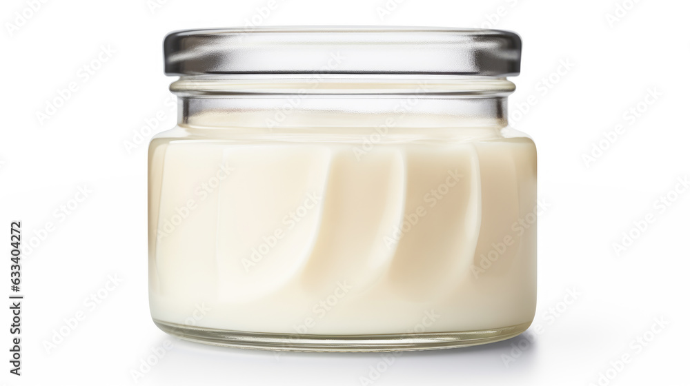Cream jar. Cosmetic jar mockup. Round white bottle. Glass creme container blank on white background. Created with Generative AI technology. Cream jar. Cosmetic jar mockup. Round white bottle. Glass creme container blank on white background. Created with Generative AI technology.