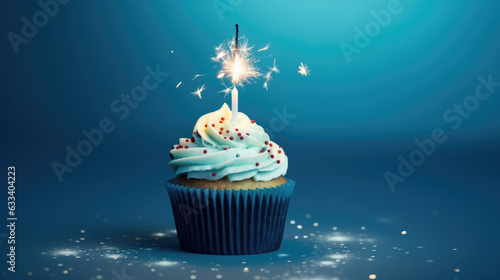 Birthday cupcake with celebration sparkler and sprinkles for a birthday party on blue background. Created with Generative AI technology.