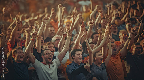 Fan football, Celebrating the success. Supporters cheer in bleacher. Generative Ai