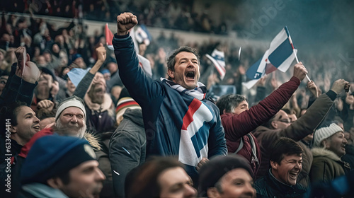 French fan  Celebrating the success. Supporters cheer in bleacher in French rugby match 2023. Generative Ai