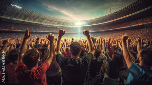Group of Fans football celebrating the success of their favorite sports team on the stands of the professional stadium. Generative Ai