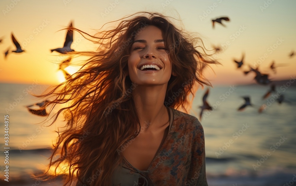 Portrait of a happy smiling woman with beautiful background. AI