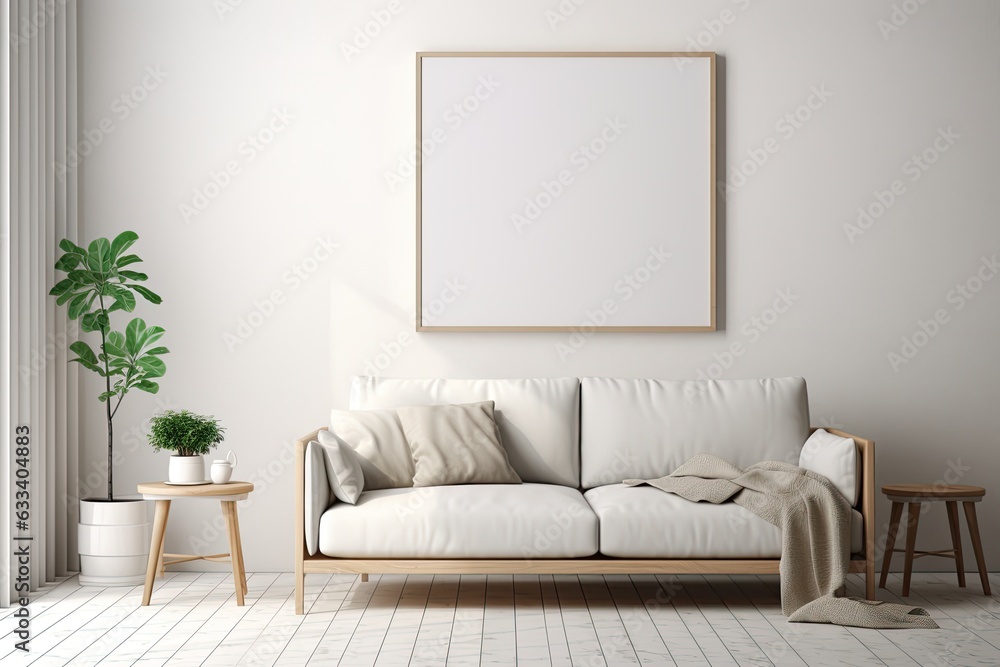 Modern interior background with Scandinavian style, a mock up poster frame in a living room.