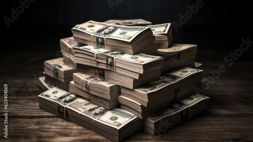 Stack of money on wooden table on black background. Created with Generative AI technology. photo