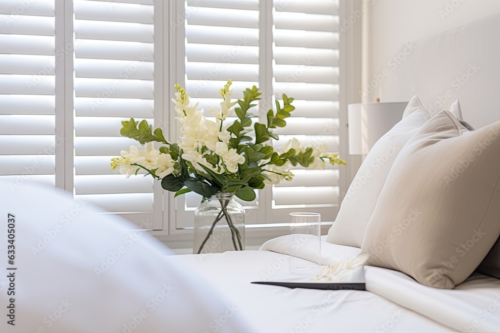 Selective focus on luxury white indoor plantation shutters in bedroom. - obrazy, fototapety, plakaty 