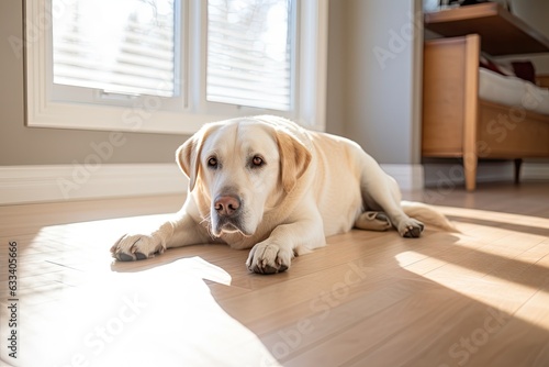 Warm toned high angled perspective of a white Labrador dog resting on the floor, eagerly anticipating the arrival of its owner within a contemporary home setting. Ample space provided for additional