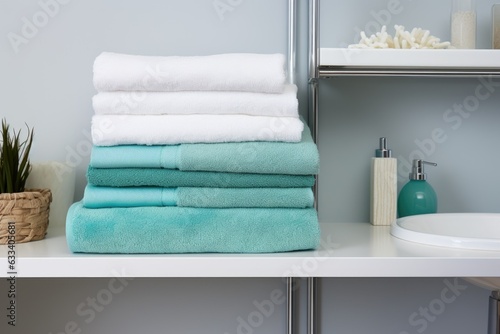 folded fluffy towels on a clean bathroom shelf