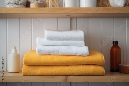 folded fluffy towels on a clean bathroom shelf
