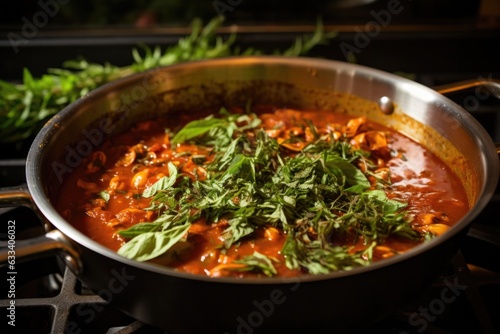 pasta sauce simmering in a pan with herbs