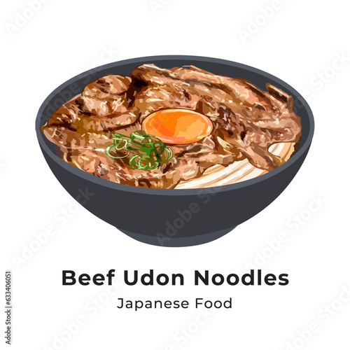Japanese beef udon noodles. Hand drawn watercolor vector illustration