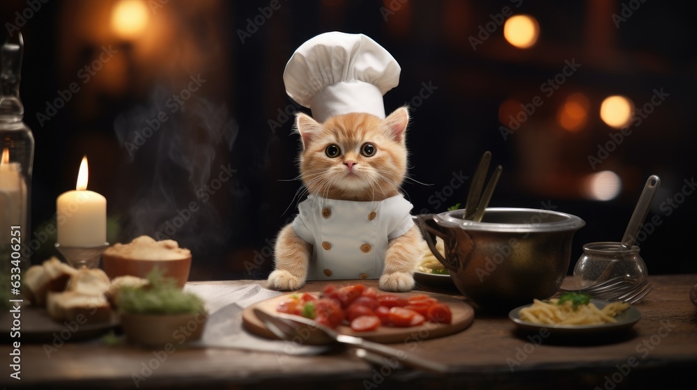 A kitten chef, dressed in a chef's hat and apron, preparing a gourmet meal