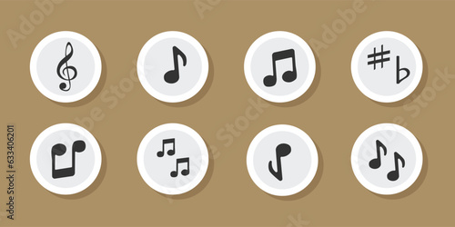 Music notation sticker vector set. Music notes icon flat vector set isolated on black and white background. Song, melody or tune vector illustration. Music note icon for musical apps and websites.