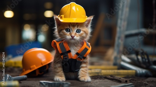 Photo A kitten dressed as a builder at a construction site with safety helmet