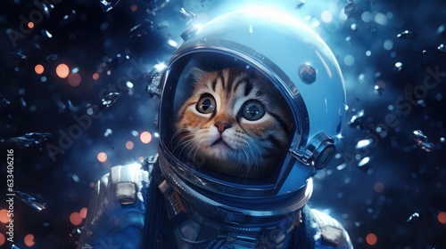 A kitten astronaut, in a space suit, with a starscape in the background