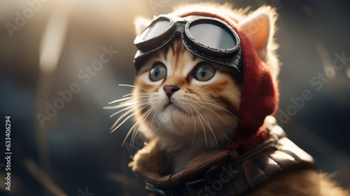 A kitten dressed as a pilot with aviator glasses and a mini hat