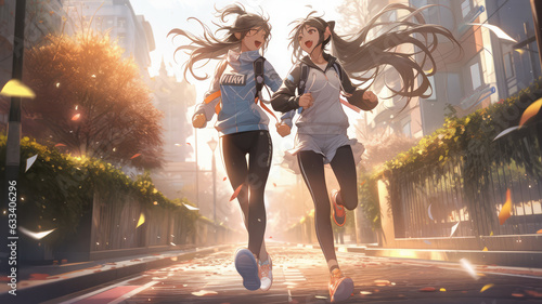 Two female friends running outdoor in the summer heat - Generative AI