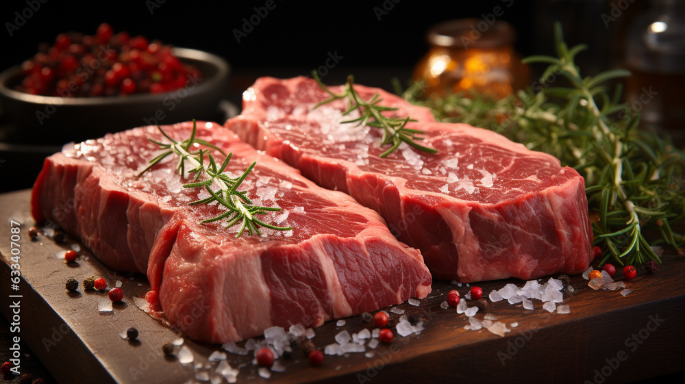 fresh raw beef steak with rosemary and spices