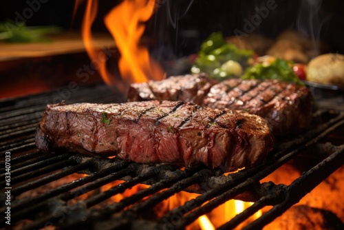 close-up of charcoal grill with sizzling steaks