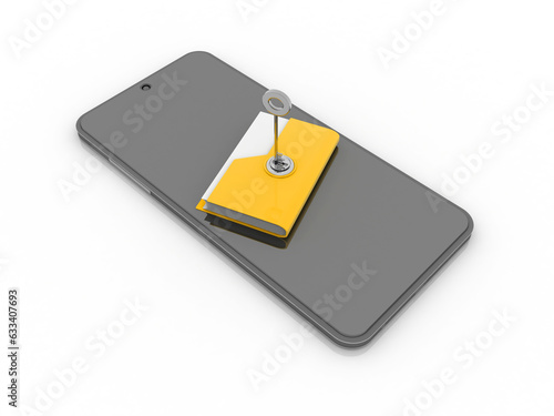 3D illustration Key on locked yellow folder on mobile phone