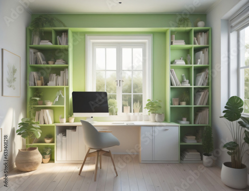 A workspace with green bookshelf and a computer AI generate © syedmuhdariff