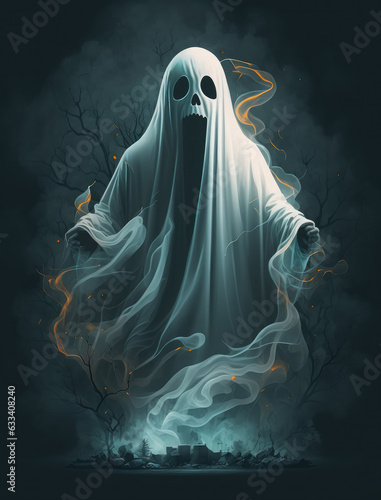 Scary halloween ghost on a dark background. 3d illustration. 