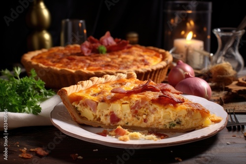 quiche lorraine with bacon and cheese, golden crust