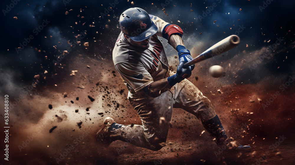 Fototapeta premium A baseball player fouls off the ball, the ground around from a hard hit