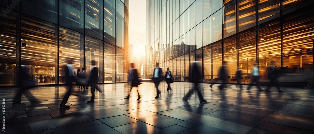Business people in motion, modern architecture. Generative AI. Business people in motion, modern architecture. Generative AI.