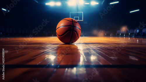 A basketball on a shiny polished floor.