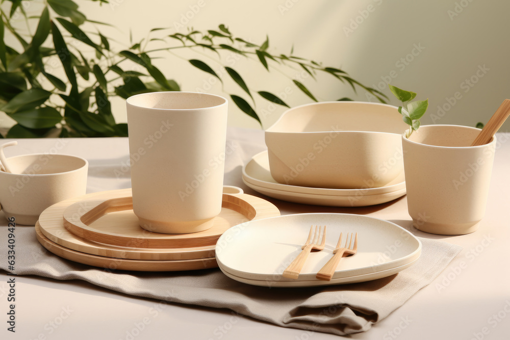 Dishes made of eco-friendly materials are on a tray Dishes made of eco-friendly materials are on a tray