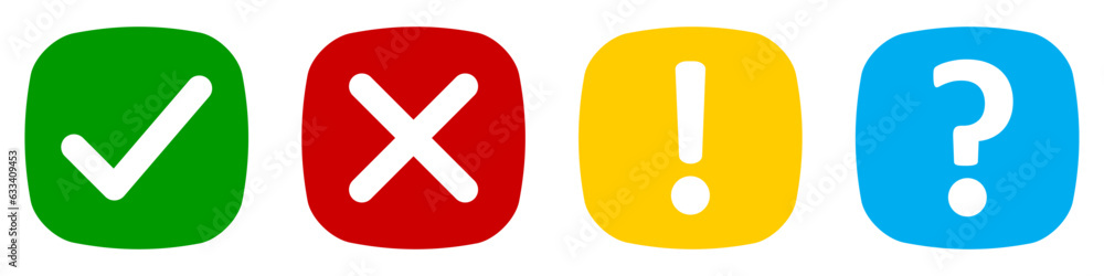 Vector set of flat rounded square check mark, X mark exclamation point and question mark. Checkmark, exclamation, X and question mark icon. Vector illustrator in color green, yellow, red and blue. Vector set of flat rounded square check mark, X mark exclamation point and question mark. Checkmark, exclamation, X and question mark icon. Vector illustrator in color green, yellow, red and blue.