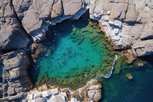 aerial view of a crystal clear natural pool surrounded by rocks