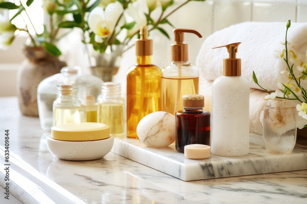 close-up of various skincare products on bathroom counter close-up of various skincare products on bathroom counter
