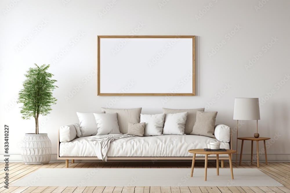 A render of a white cozy living room interior background featuring a mockup frame. A render of a white cozy living room interior background featuring a mockup frame.