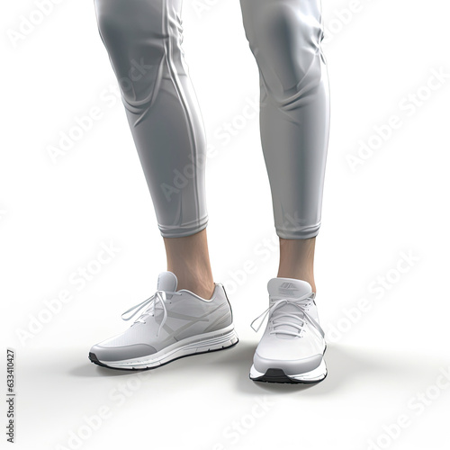 A person wearing white shoes and gray pants
