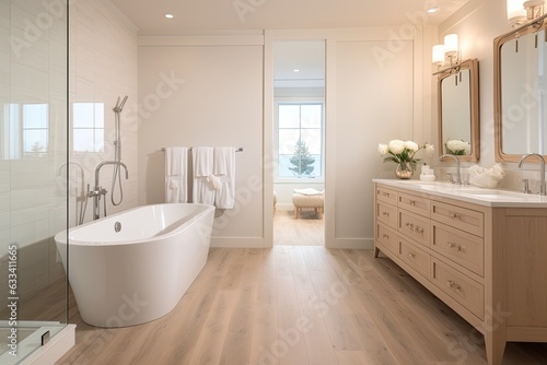 Enchanting ensuite bathroom in a luxurious new farmhousestyle home featuring a spacious double vanity  a charming freestanding soaker bathtub  a large mirror  sleek sinks  a refreshing shower  and