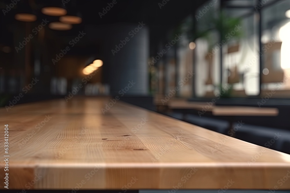 Empty wooden table space platform and blurry defocused. Generative AI. Empty wooden table space platform and blurry defocused. Generative AI.